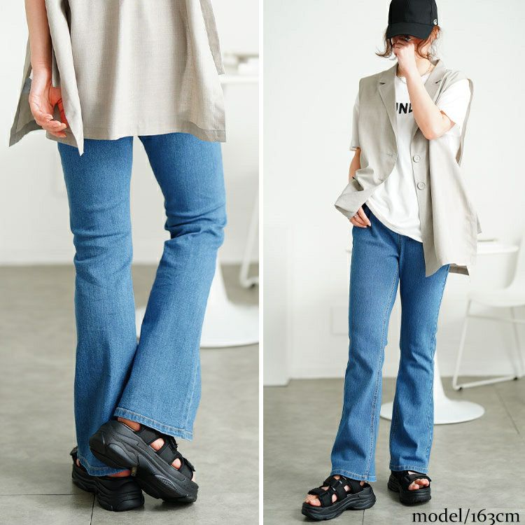 大きいサイズ レディース 接触冷感プルオンフレアデニムパンツ　tkb-141585303