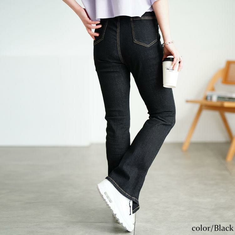 大きいサイズ レディース 接触冷感プルオンフレアデニムパンツ　tkb-141585303 ブラック