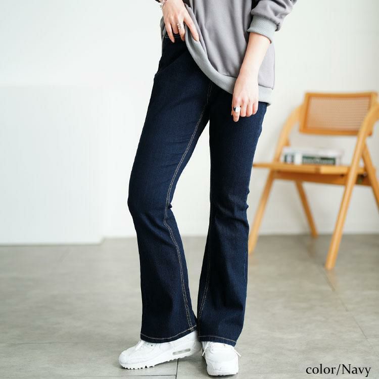 大きいサイズ レディース 接触冷感プルオンフレアデニムパンツ　tkb-141585303 ネイビー