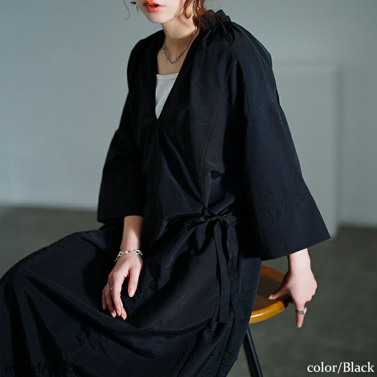 大きいサイズ レディース フリル襟サイドリボンナイロンワンピース　nw-25014【メール便可】