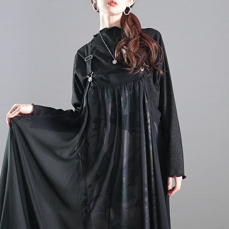 大きいサイズ レディース アート柄レイヤードサロペットワンピース　nw-25013