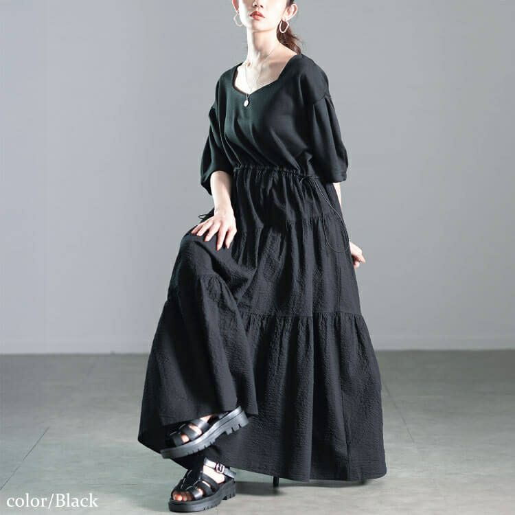 大きいサイズ レディース 異素材切り替えドロストティアードワンピース　nw-25008