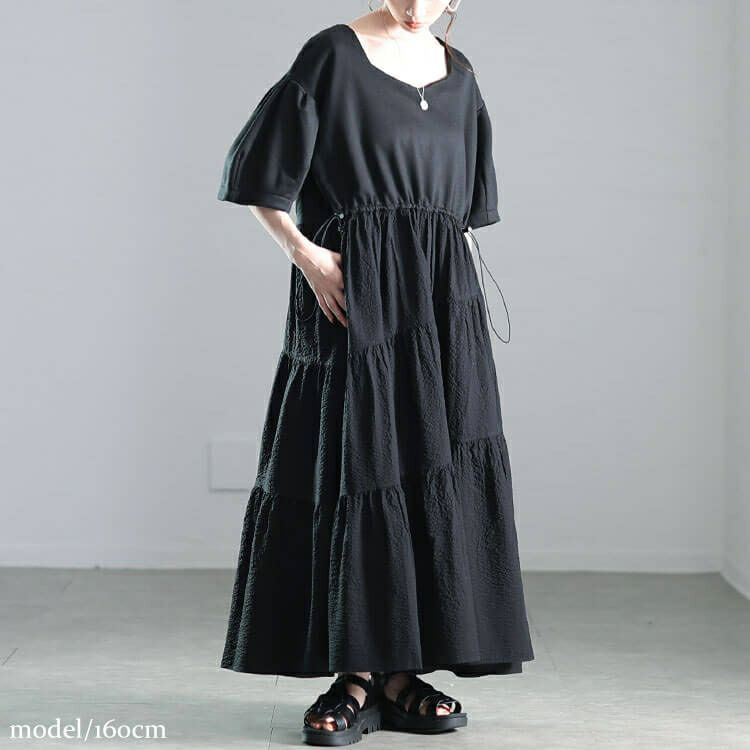 大きいサイズ レディース 異素材切り替えドロストティアードワンピース　nw-25008