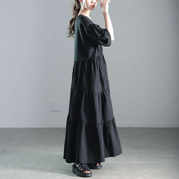 大きいサイズ レディース 異素材切り替えドロストティアードワンピース　nw-25008