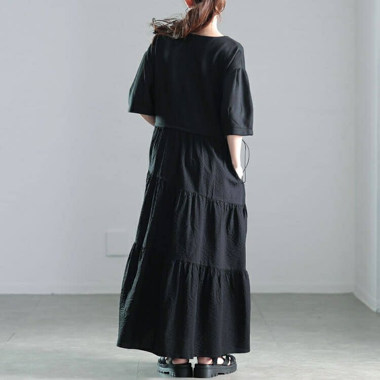 大きいサイズ レディース 異素材切り替えドロストティアードワンピース　nw-25008