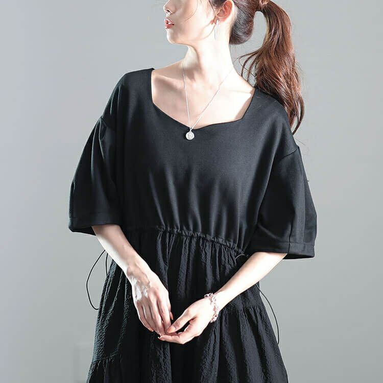 大きいサイズ レディース 異素材切り替えドロストティアードワンピース　nw-25008