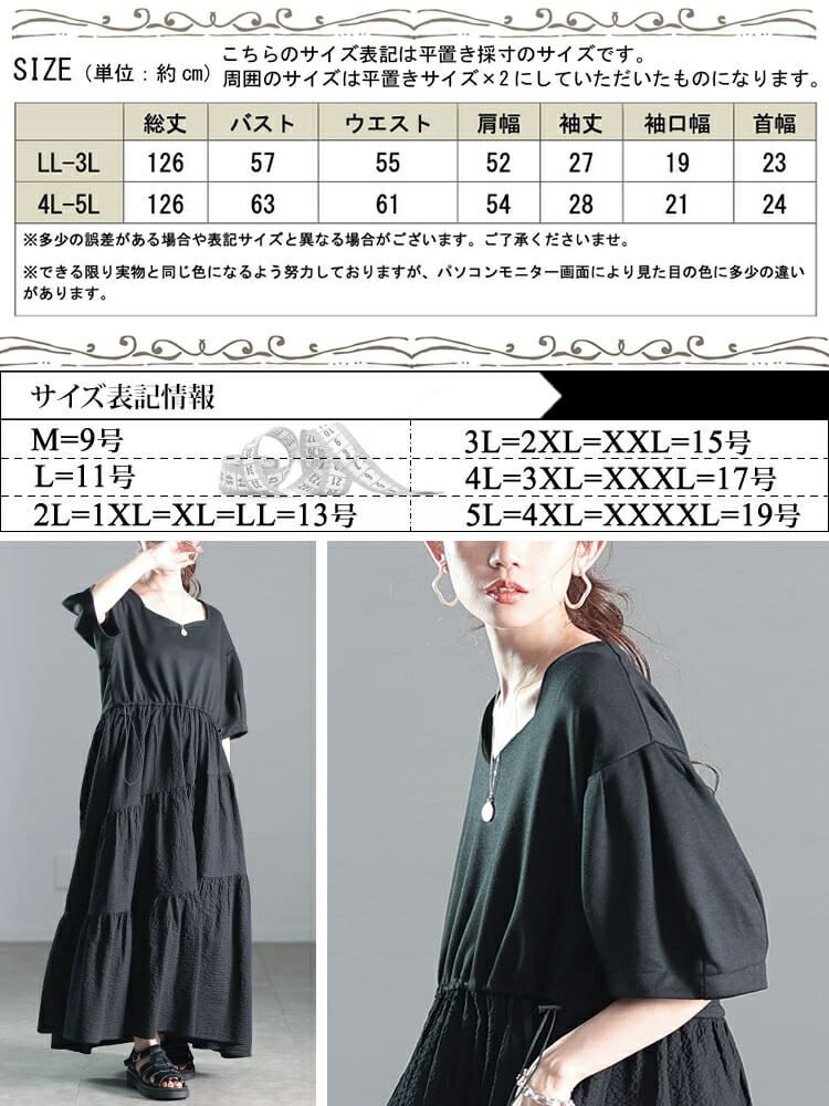 大きいサイズ レディース 異素材切り替えドロストティアードワンピース　nw-25008