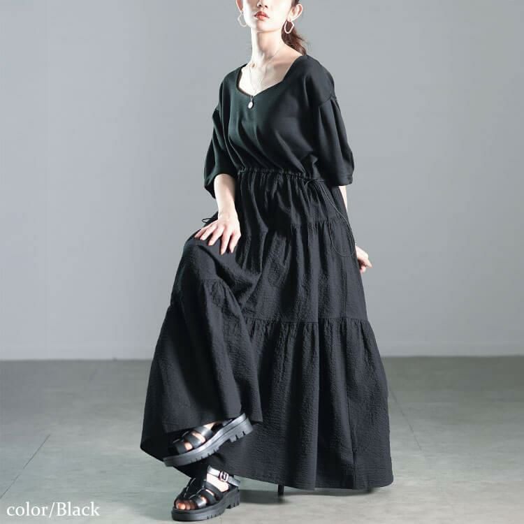 大きいサイズ レディース 異素材切り替えドロストティアードワンピース　nw-25008 ブラック