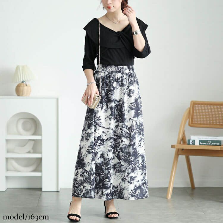 大きいサイズ レディース ツイスト襟異素材ドッキングワンピース　nw-25006