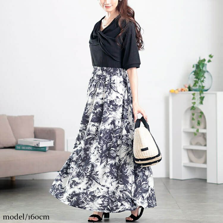 大きいサイズ レディース ツイスト襟異素材ドッキングワンピース　nw-25006