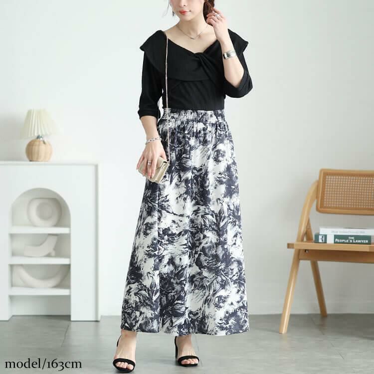 大きいサイズ レディース ツイスト襟異素材ドッキングワンピース　nw-25006 ブラック