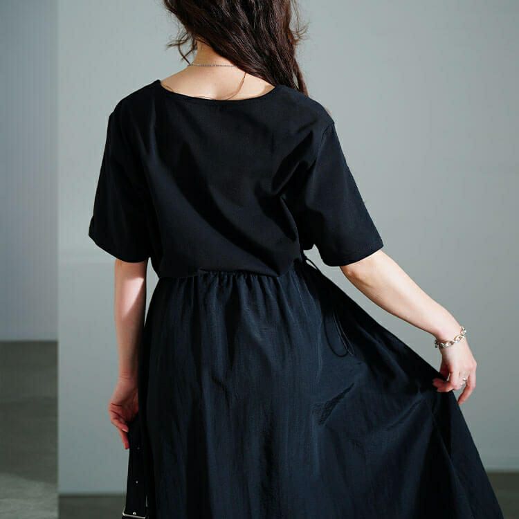 大きいサイズ レディース ハートネック異素材ドッキングワンピース　nw-25005