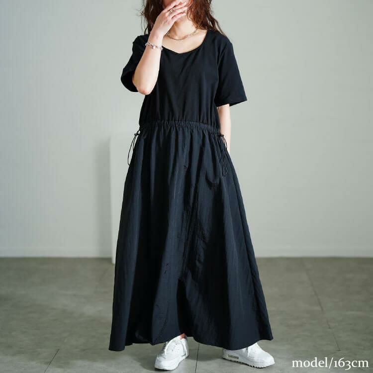 大きいサイズ レディース ハートネック異素材ドッキングワンピース　nw-25005 ブラック