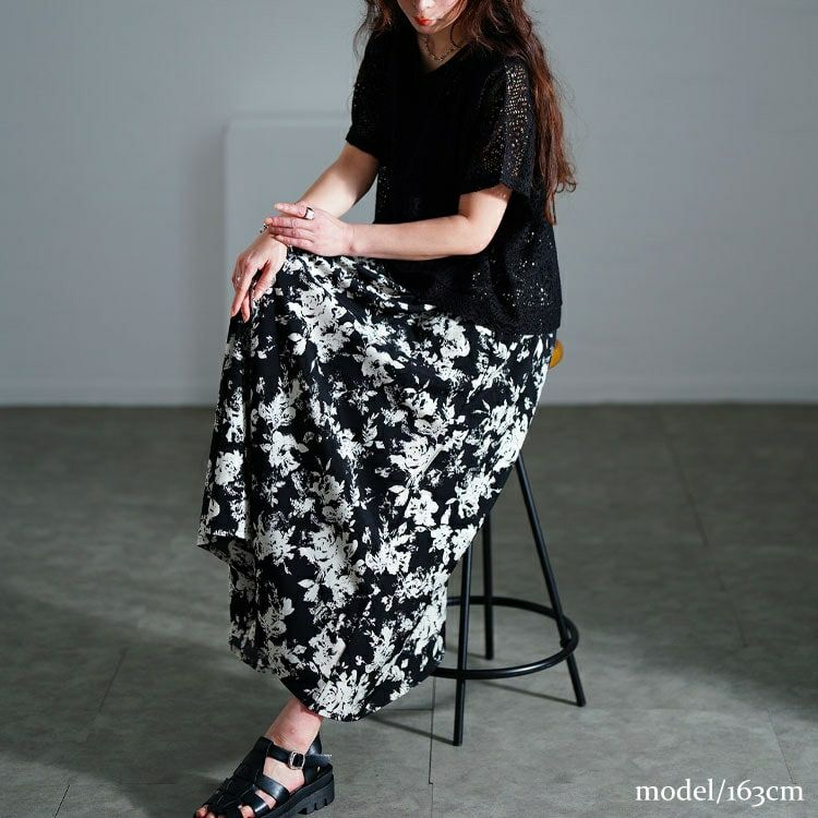 大きいサイズ レディース かぎ編みニットトップス＆花柄ドッキングワンピース2点セット　nw-25003