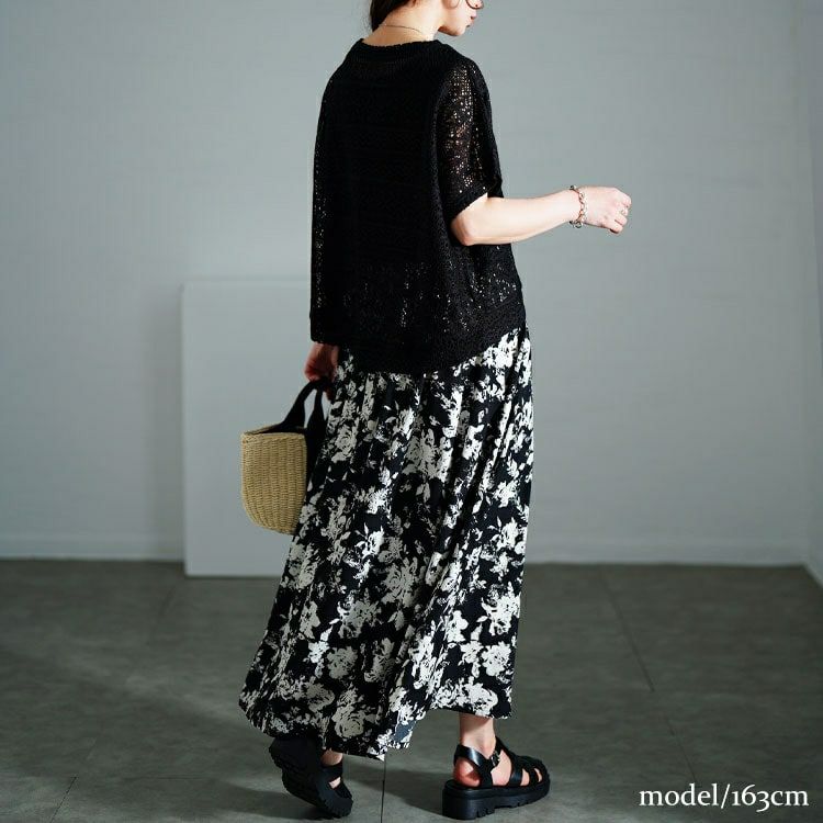 大きいサイズ レディース かぎ編みニットトップス＆花柄ドッキングワンピース2点セット　nw-25003