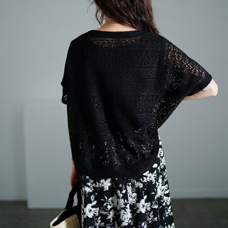 大きいサイズ レディース かぎ編みニットトップス＆花柄ドッキングワンピース2点セット　nw-25003