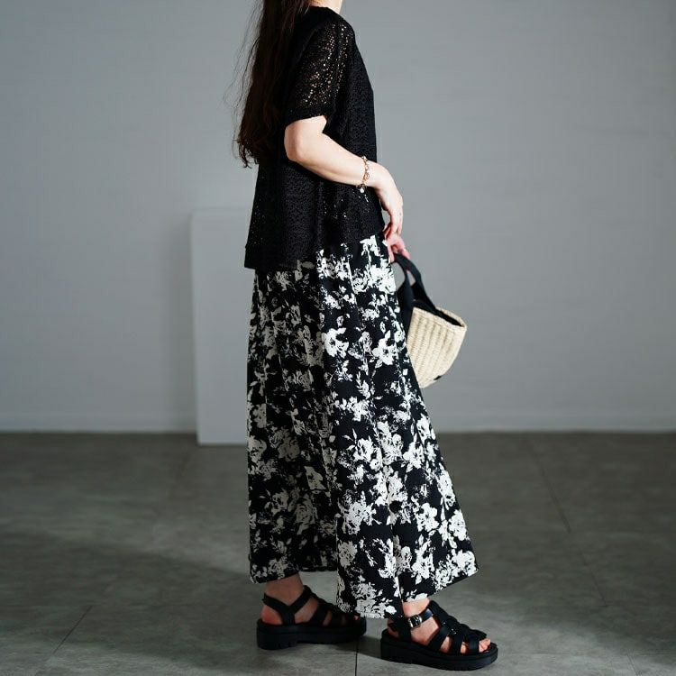 大きいサイズ レディース かぎ編みニットトップス＆花柄ドッキングワンピース2点セット　nw-25003