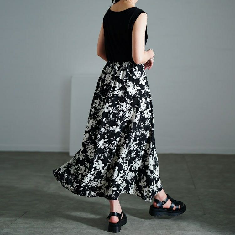 大きいサイズ レディース かぎ編みニットトップス＆花柄ドッキングワンピース2点セット　nw-25003