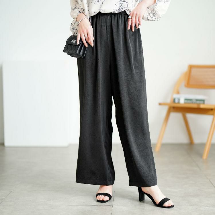 大きいサイズ レディース 微光沢ワッシャーワイドパンツ　maru-30143【メール便可】 ブラック