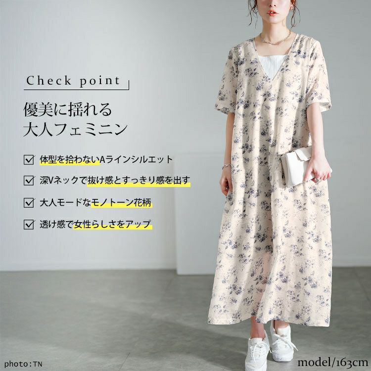 大きいサイズ レディース 花柄シフォンジャガード深Vネックワンピース　maru-30141