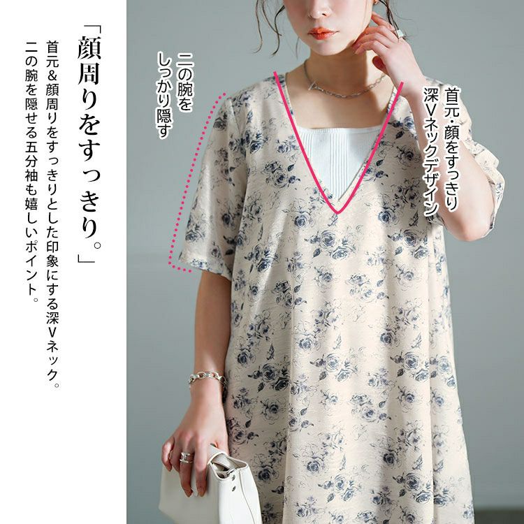 大きいサイズ レディース 花柄シフォンジャガード深Vネックワンピース　maru-30141