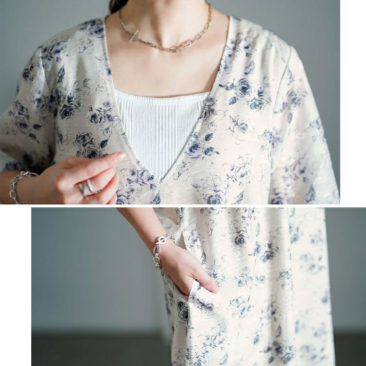 大きいサイズ レディース 花柄シフォンジャガード深Vネックワンピース　maru-30141