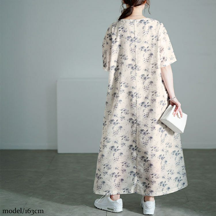 大きいサイズ レディース 花柄シフォンジャガード深Vネックワンピース　maru-30141