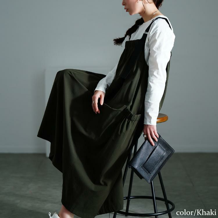 大きいサイズ レディース 軽量ストレッチマキシジャンパースカート　maru-30136 カーキ