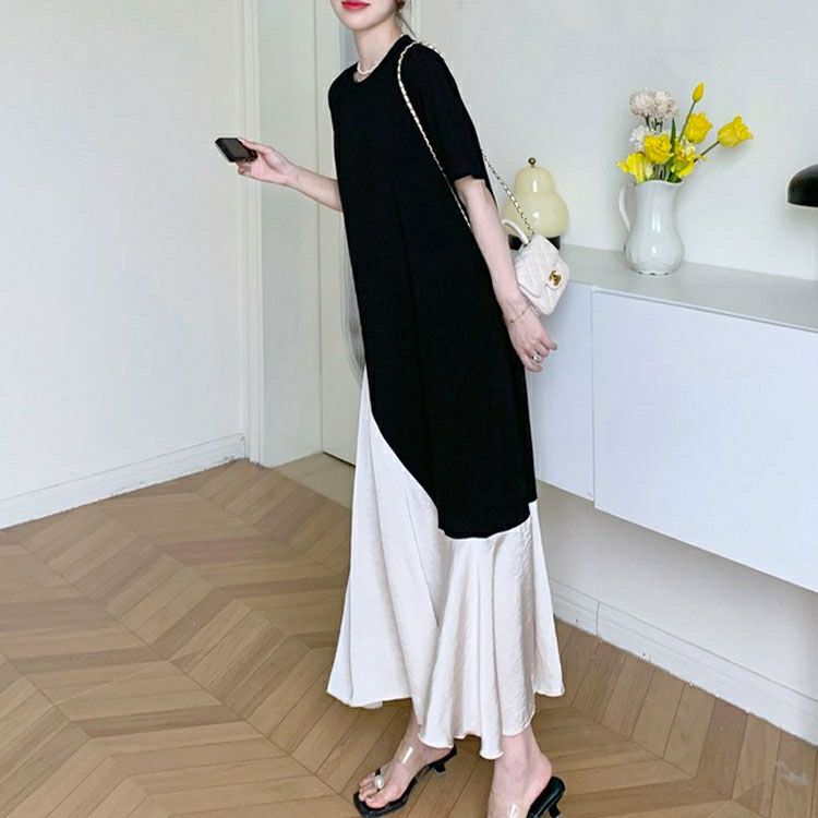 大きいサイズ レディース 異素材アシンメトリーフレアワンピース goldy