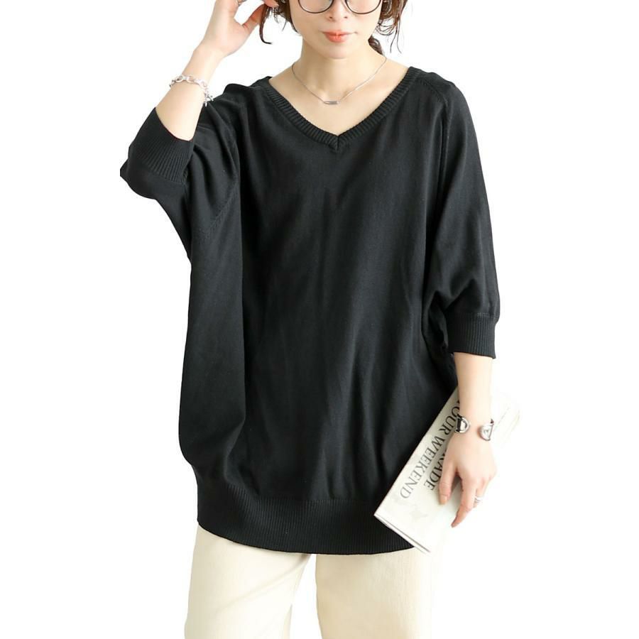 大きいサイズ レディース Vネックドルマンニット　wn-0233【メール便可】 ブラック