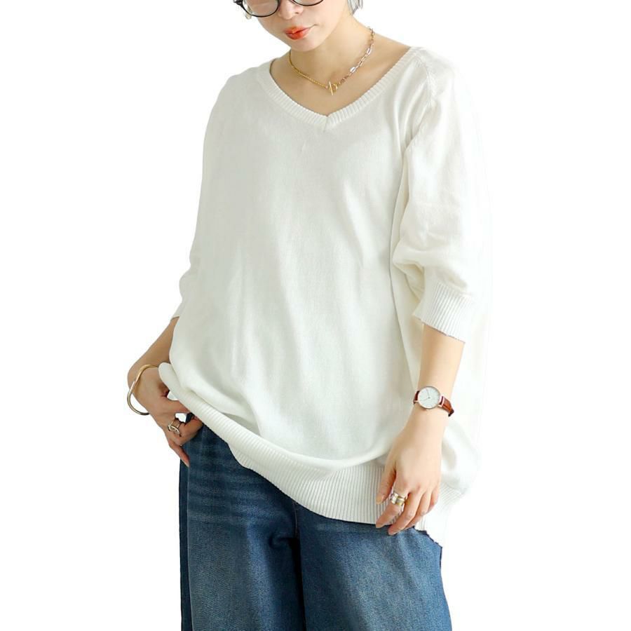 大きいサイズ レディース Vネックドルマンニット　wn-0233【メール便可】 オフホワイト
