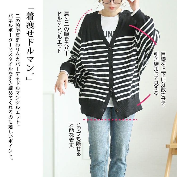 大きいサイズ レディース パネルボーダーコットンドルマンカーディガン　wn-0232【メール便可】