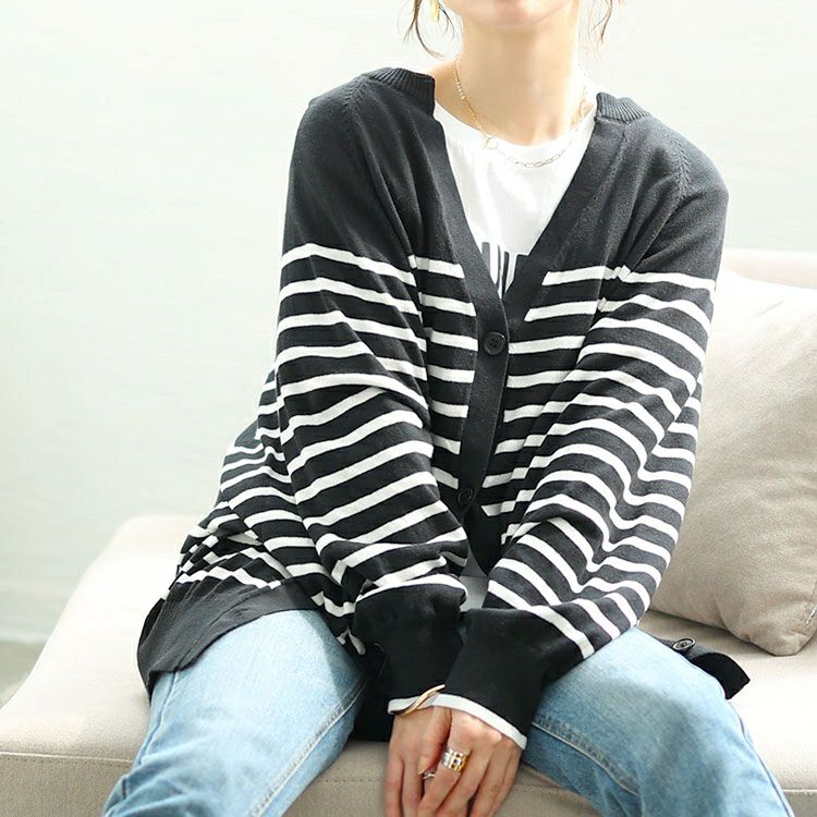 大きいサイズ レディース パネルボーダーコットンドルマンカーディガン　wn-0232【メール便可】