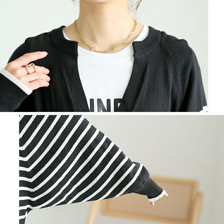 大きいサイズ レディース パネルボーダーコットンドルマンカーディガン　wn-0232【メール便可】