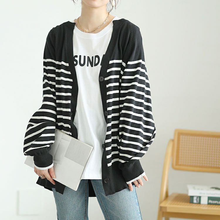大きいサイズ レディース パネルボーダーコットンドルマンカーディガン　wn-0232【メール便可】