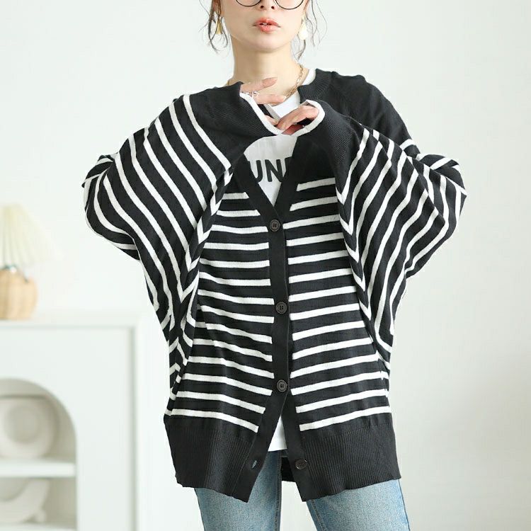 大きいサイズ レディース パネルボーダーコットンドルマンカーディガン　wn-0232【メール便可】