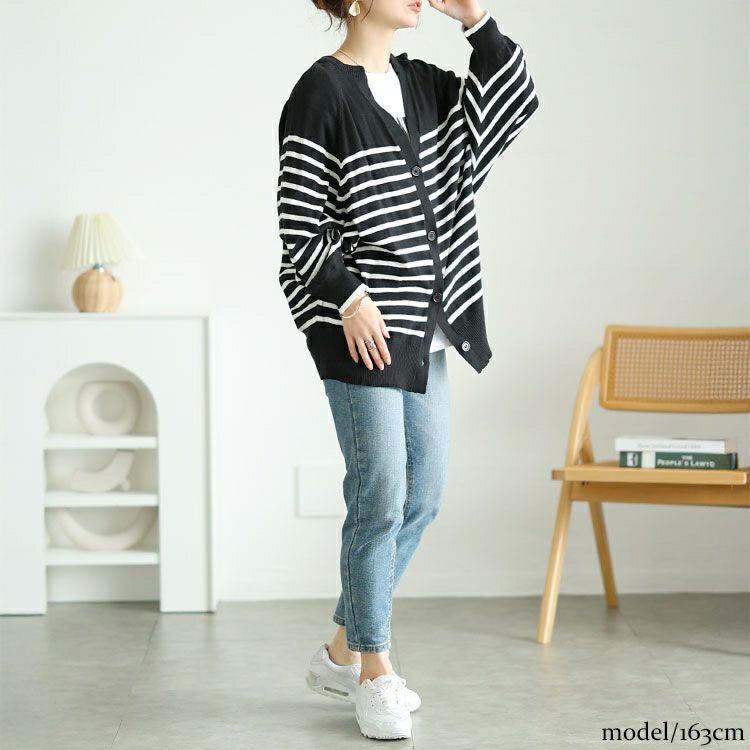 大きいサイズ レディース パネルボーダーコットンドルマンカーディガン　wn-0232【メール便可】
