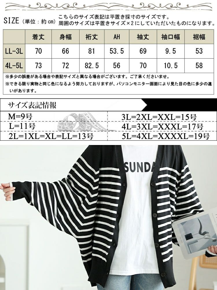 大きいサイズ レディース パネルボーダーコットンドルマンカーディガン　wn-0232【メール便可】