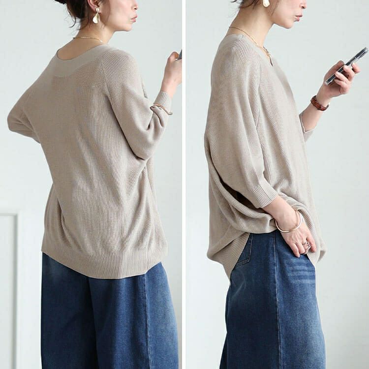 大きいサイズ レディース Vネック畦編みドルマンニット　wn-0229