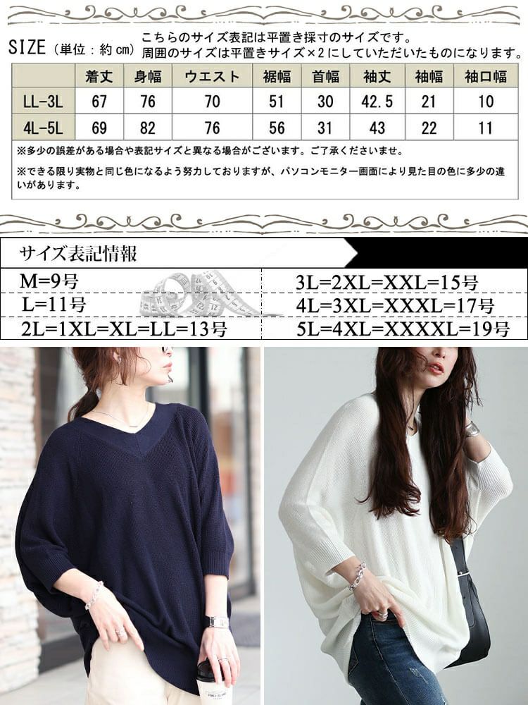 大きいサイズ レディース Vネック畦編みドルマンニット　wn-0229