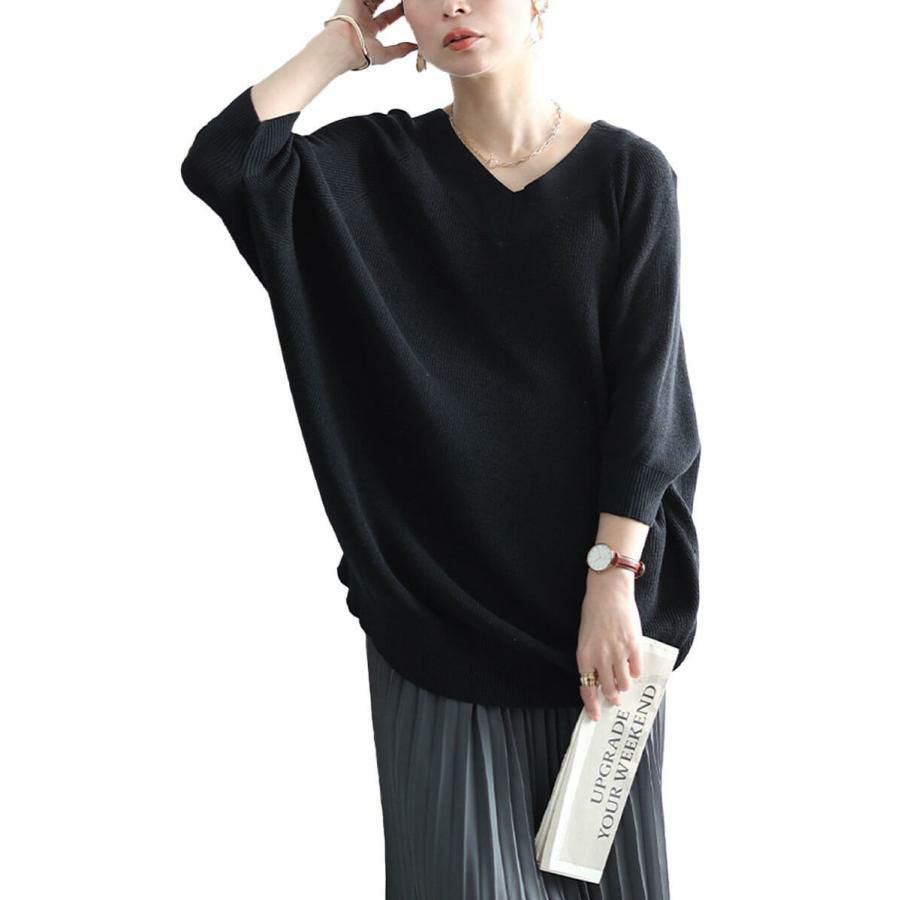 大きいサイズ レディース Vネック畦編みドルマンニット　wn-0229 ブラック
