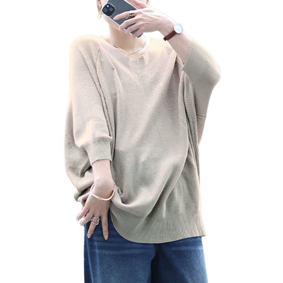 大きいサイズ レディース Vネック畦編みドルマンニット　wn-0229 ライトグレー
