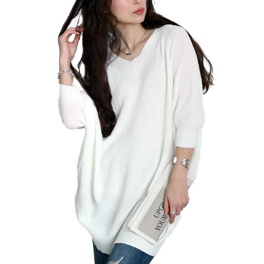 大きいサイズ レディース Vネック畦編みドルマンニット　wn-0229 オフホワイト