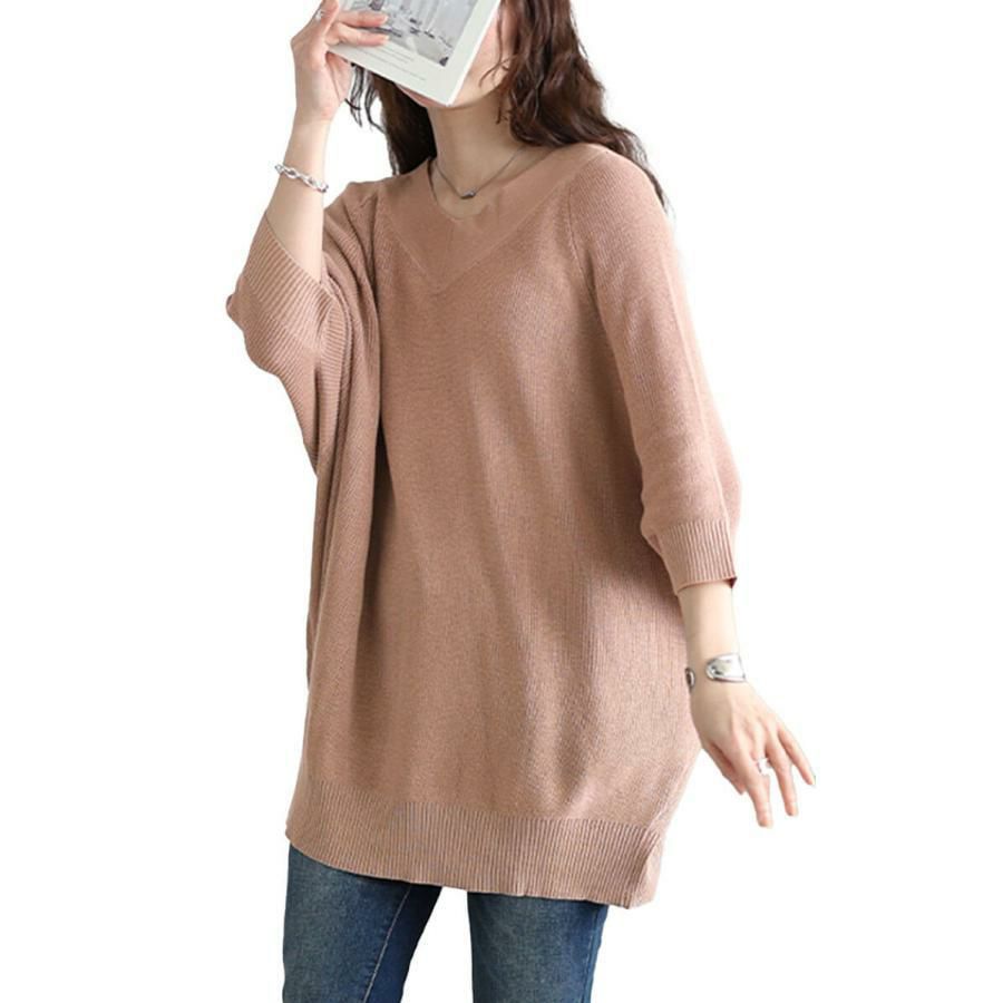 大きいサイズ レディース Vネック畦編みドルマンニット　wn-0229 グレーベージュ