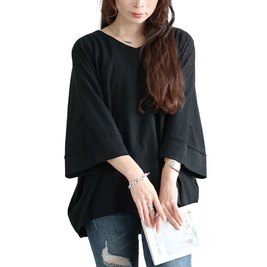 大きいサイズ レディース Vネックワイド袖ドルマンコットンカットソー　wk-0532【メール便可】 ブラック