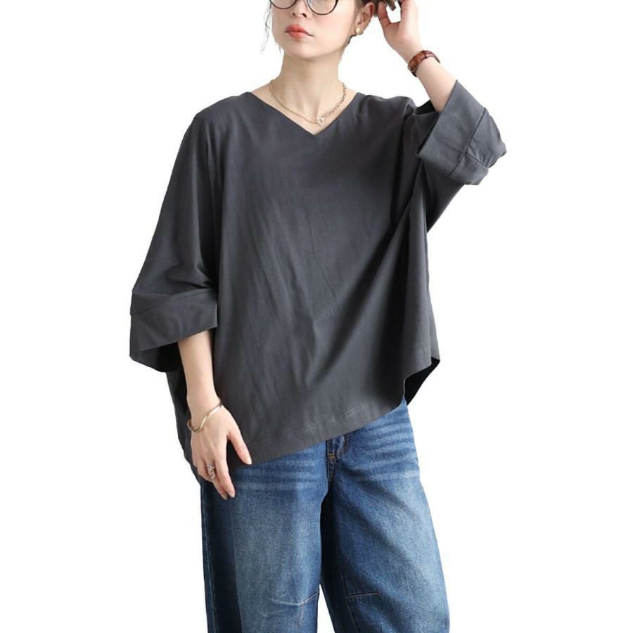 大きいサイズ レディース Vネックワイド袖ドルマンコットンカットソー　wk-0532【メール便可】 チャコールグレー