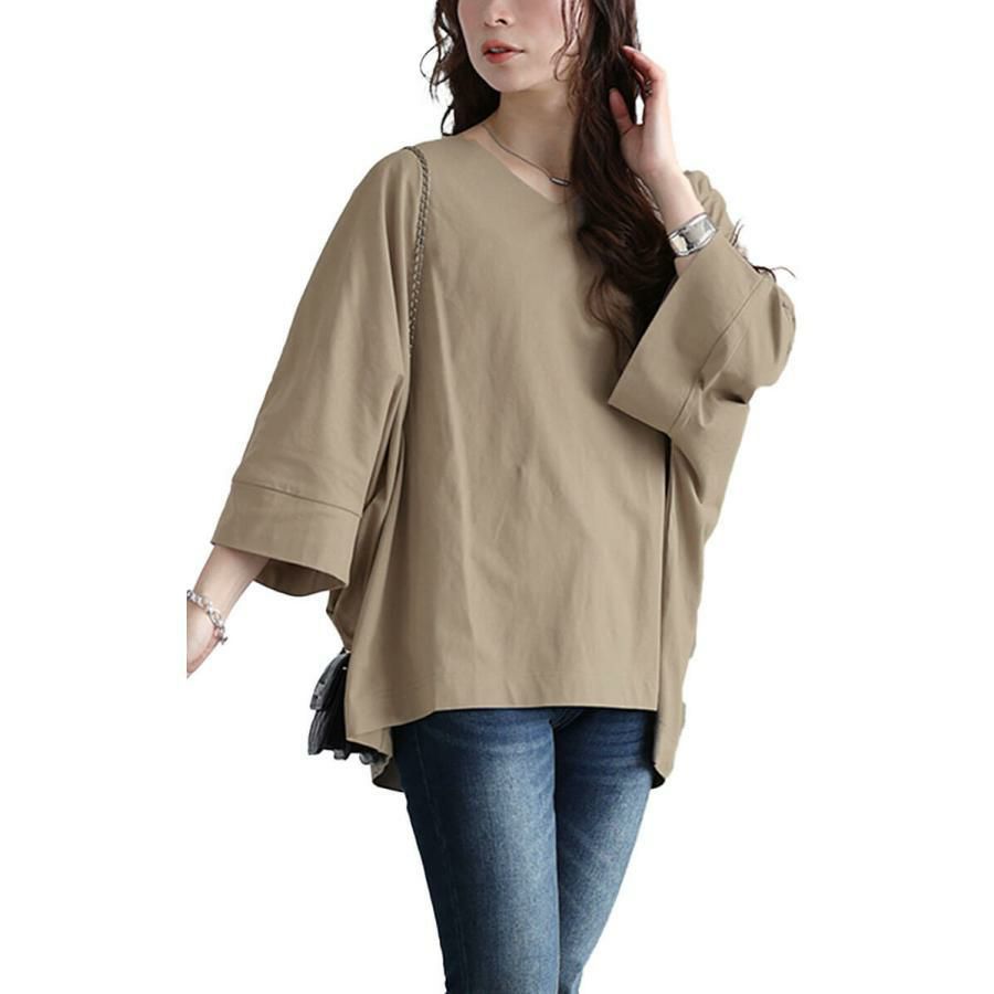 大きいサイズ レディース Vネックワイド袖ドルマンコットンカットソー　wk-0532【メール便可】 グレーベージュ