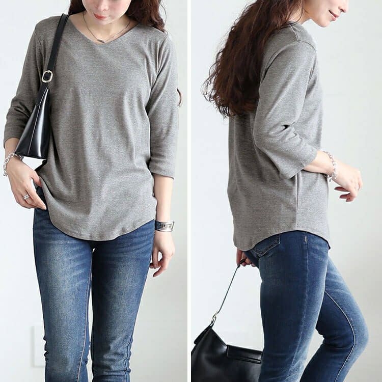 大きいサイズ レディース ラウンドヘムVネックコットンカットソー　wk-0531【メール便可】