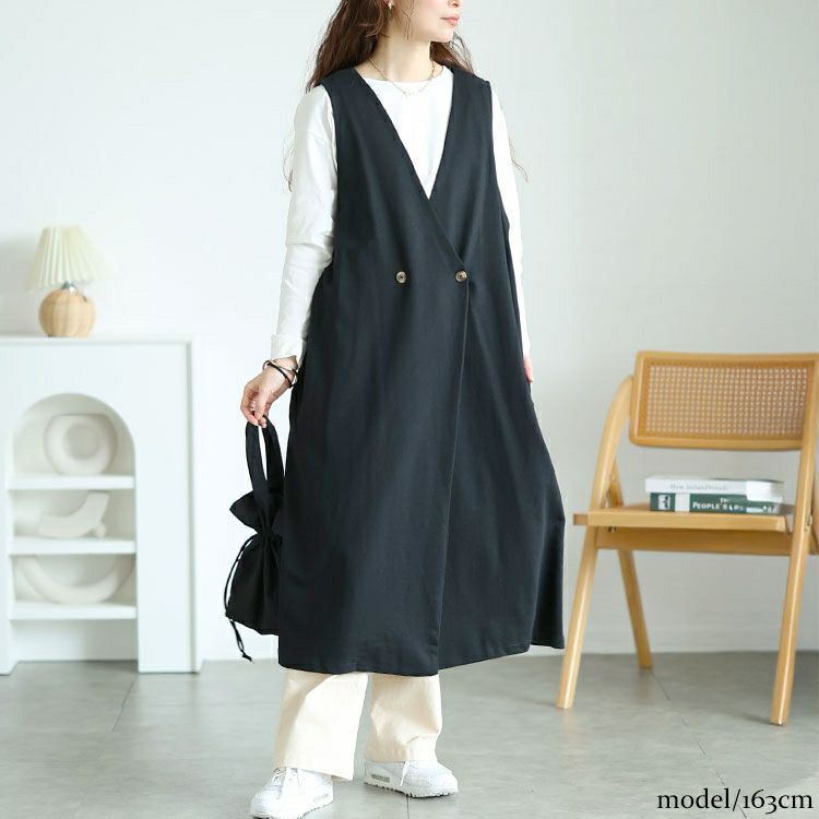 大きいサイズ レディース 深Vネックダブルボタンロングベスト　wk-0526