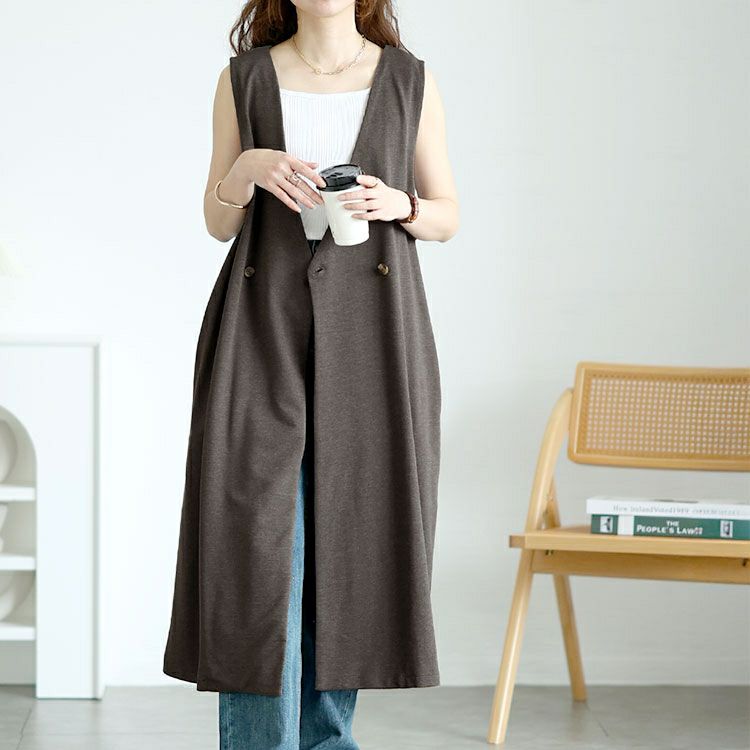 大きいサイズ レディース 深Vネックダブルボタンロングベスト　wk-0526